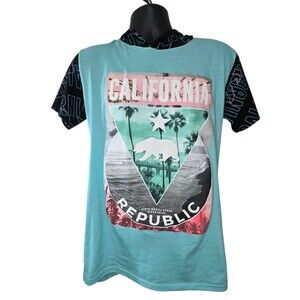 Hustle California Republic men's size medium Hooded Shirt Blue short sleeve